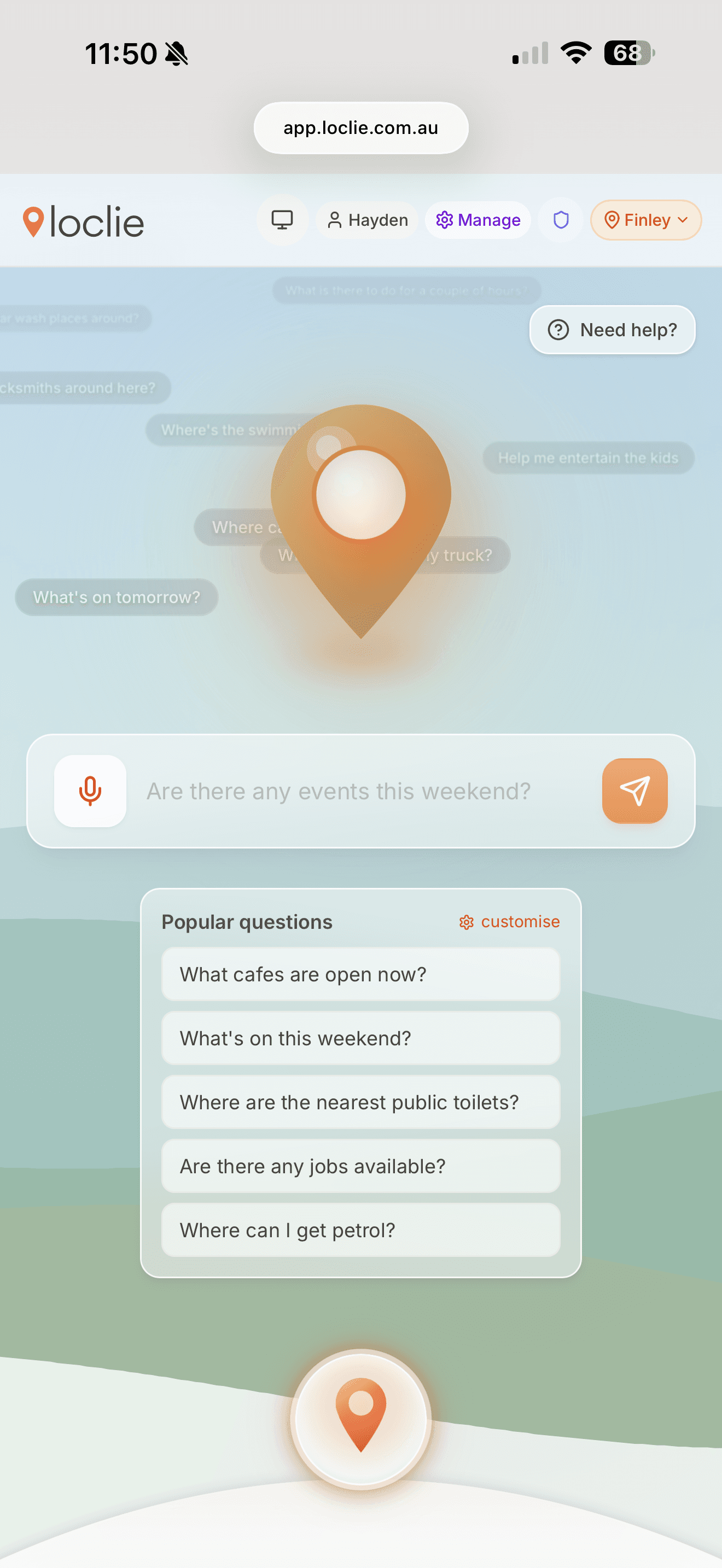 Loclie Ask Bar with AI-powered search and popular questions