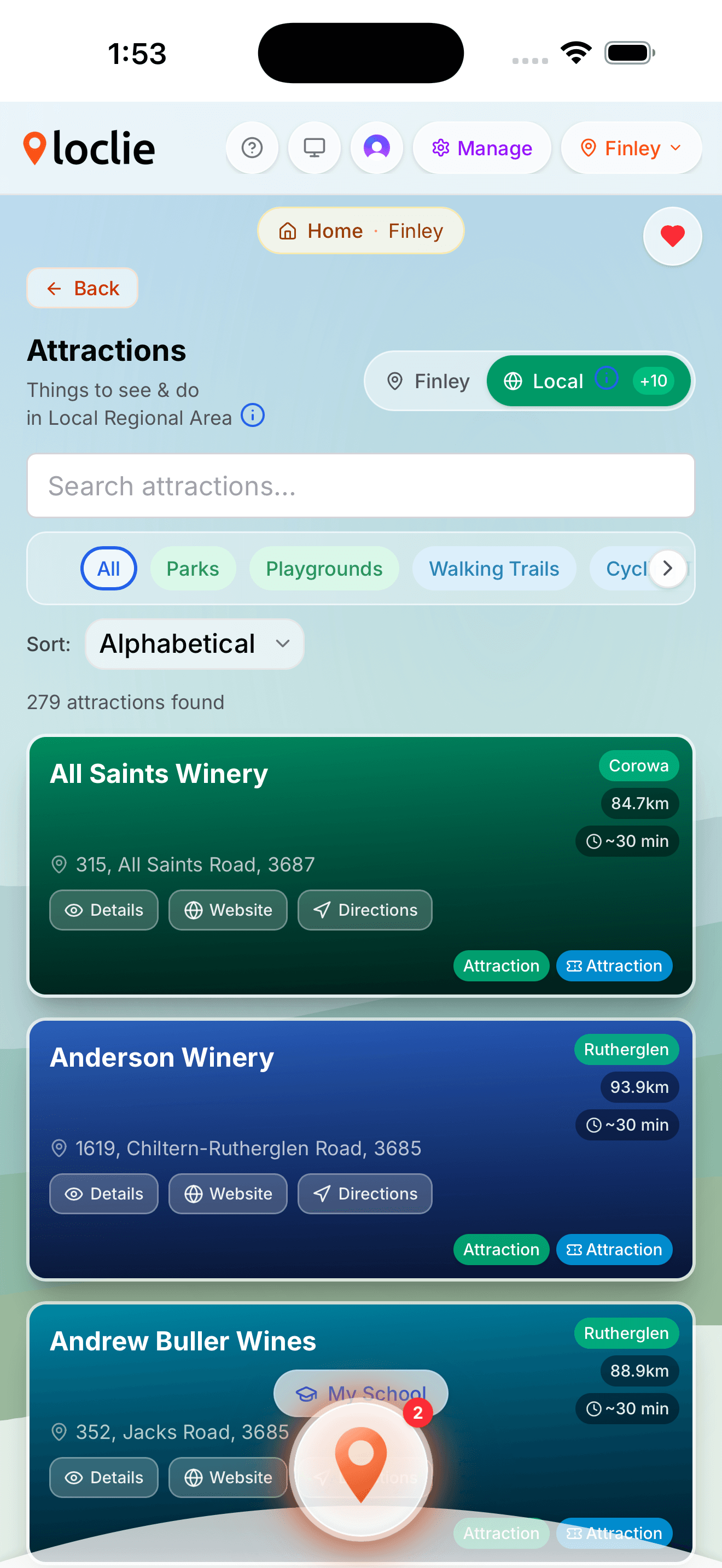 Local attractions including parks, trails, and points of interest